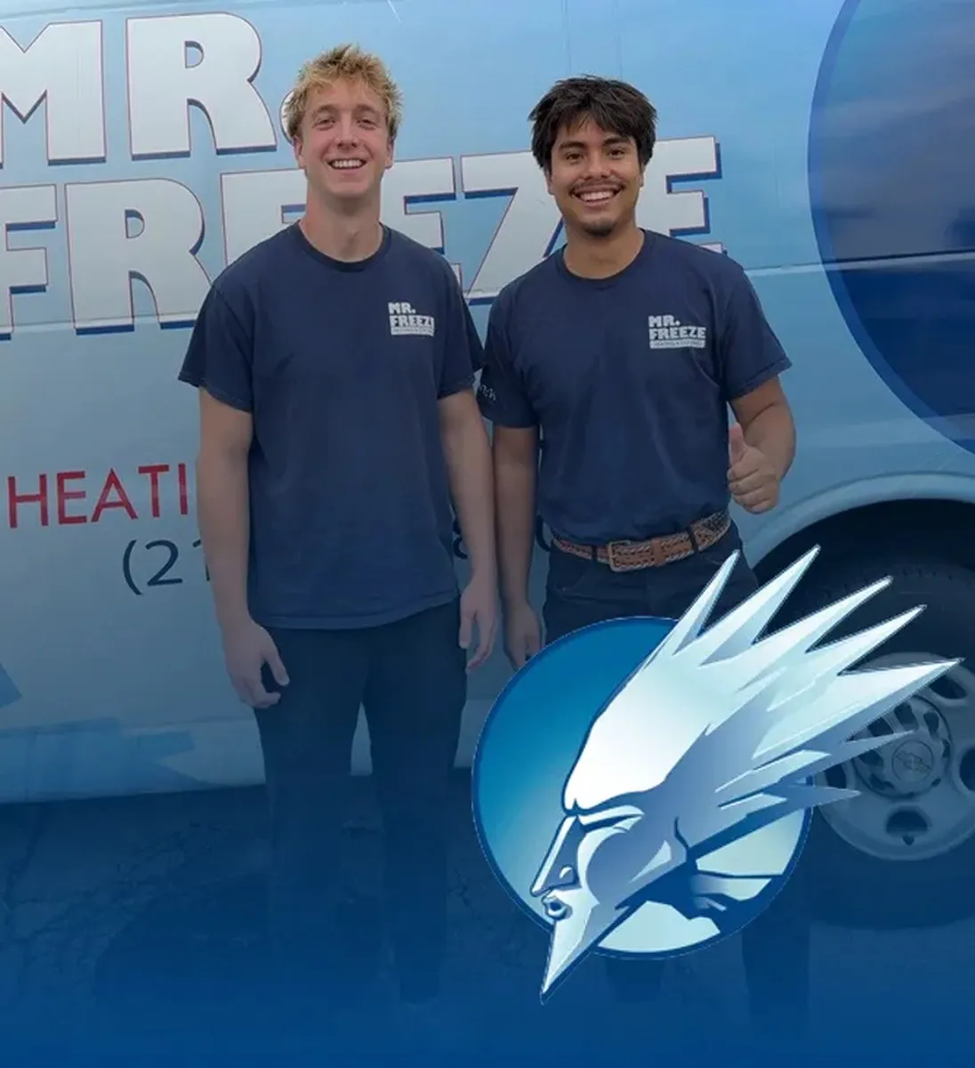 Mr. Freeze Heating & Cooling technicians in branded shirts — family-owned HVAC crew serving Hammond and Northwest Indiana